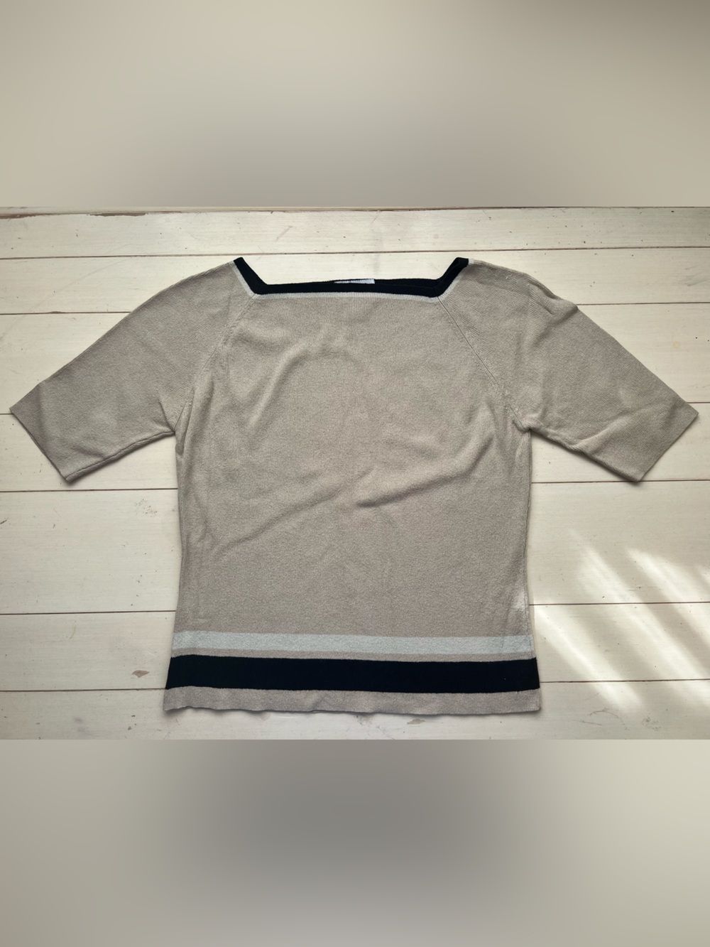 Ann Taylor Loft Beige Knit Top with Navy Trim